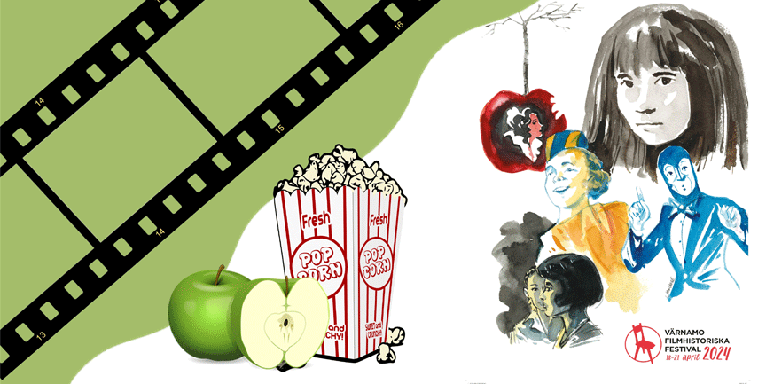 Filmrulle, popcorn och äpplen samt festivalaffischen.