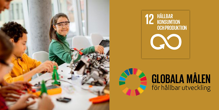 Ett barn som ler mot kameran och på andra hälften av bilden är loggan för "Globala målen för hållbar utveckling" och "Mål 12: hållbar konsumtion och produktion".