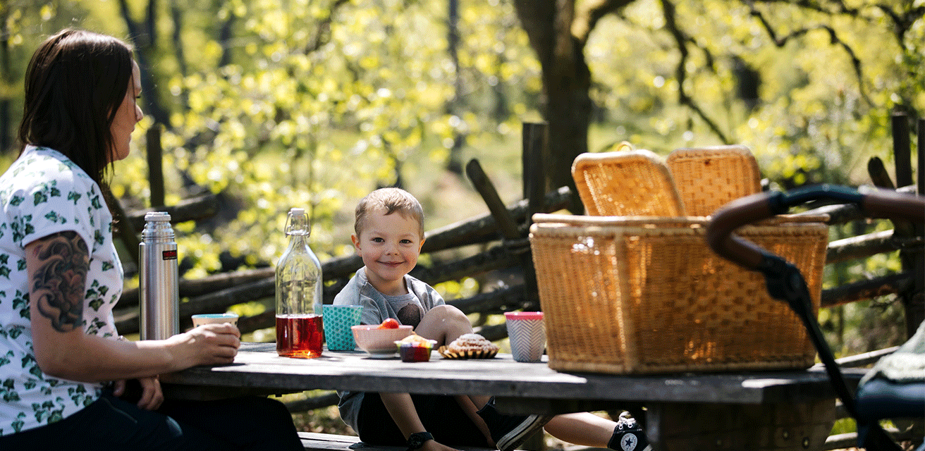 En familj sitter vid ett picknickbord utomhus, i Apladalen. De sitter och fikar. En pojke tittar in i kameran.