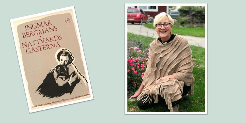 Heidi Sydmark, kvinna med kort ljust hår, glasögon och en beige poncho, som sitter på huk på en gräsmatta.