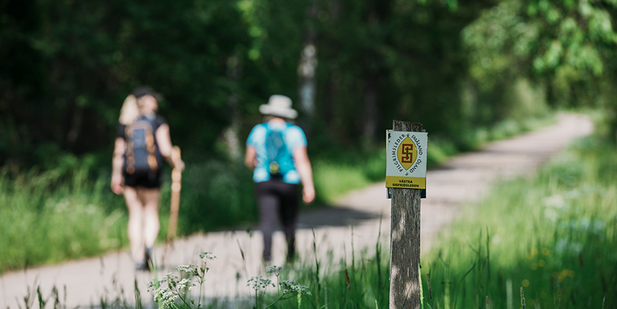 Två personer som går en pilgrimsvandringsled