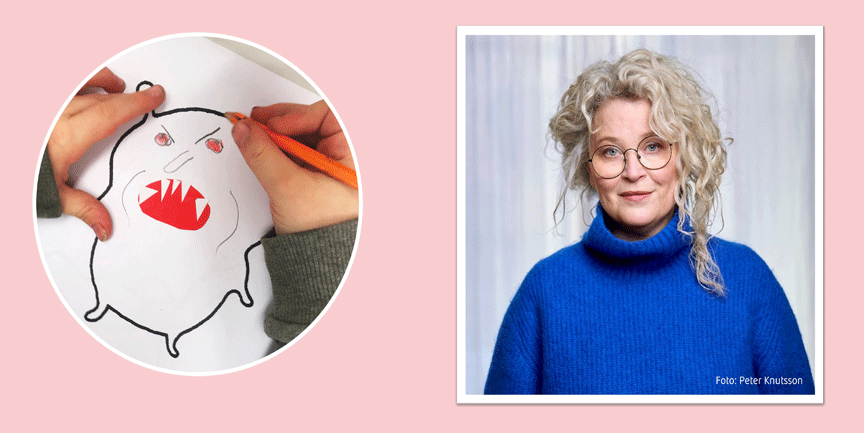 Stina Wirsén, kvinna med lockigt ljust hår, glasögon och blå stickad tröja. Samt barnhänder som färglägger en av Stinas figurer.