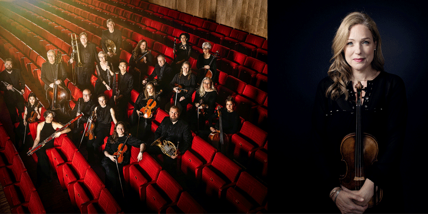 Jönköpings sinfonietta sitter i röda stolar med instrument, samt Isabelle van Keulen med fiol.