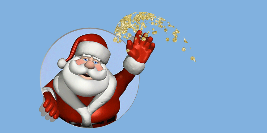 Tecknad jultomte som vinkar och kastar guldglitter.