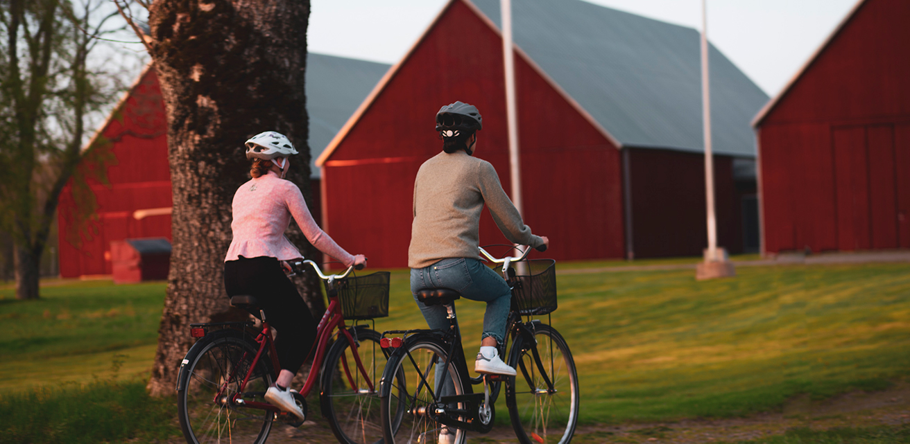 Två kvinnor cyklar utanför Vandalorum. Tre röda stugor, Vandalorums byggnader, syns i bakgrunden. Det är solnedgång.