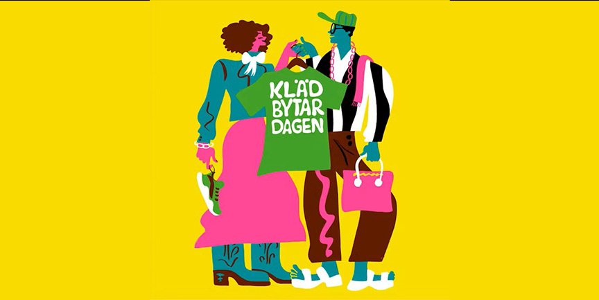 Illustration av två människor som håller upp en tröja med texten "Klädbytardagen"