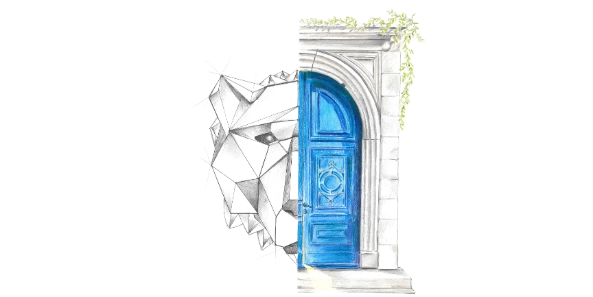 En illustrerad bild med en halv blå dörr och en tecknad björn.