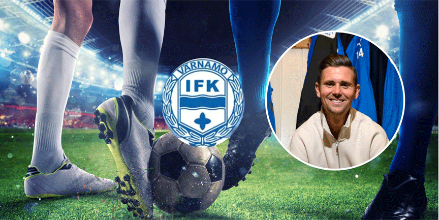 En fotbollsplan med fötter i fotbollsskor och en boll, samt infälld bild på Antonsson.