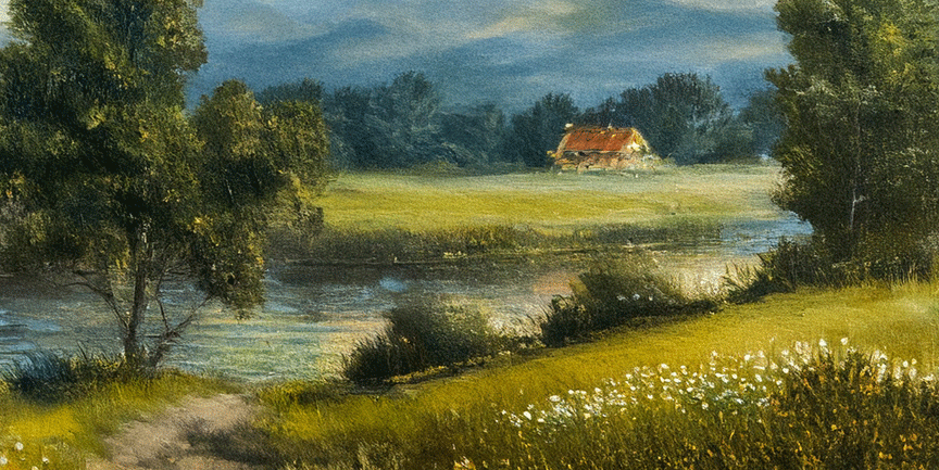 En målning av ett landskap med vatten, ängar, träd och ett litet hus.