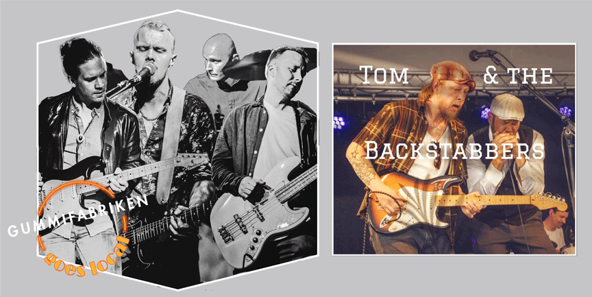 Fyra medlemmar i The Dews med gitarrer och trummor, samt två medlemmar i Tom & the backstabbers med gitarr och munspel.