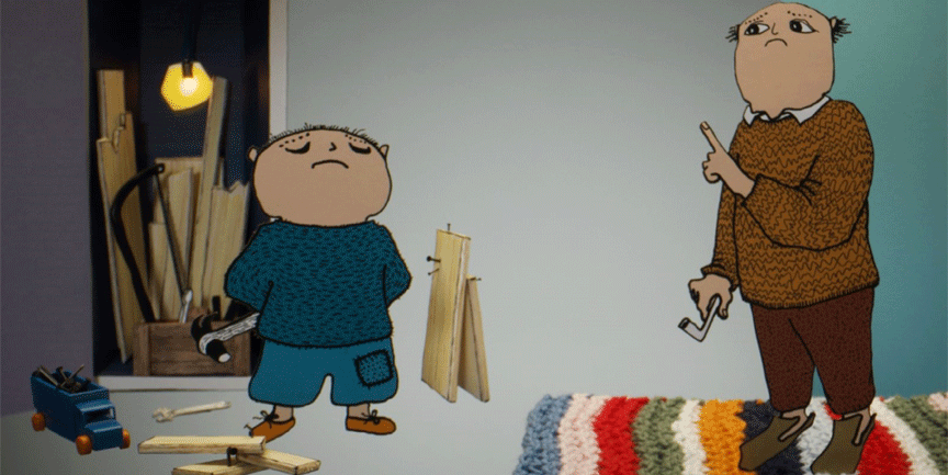 Från filmen Ajabaja Alfons Åberg, Alfons står med hammare och brädor och pappan förmanar.