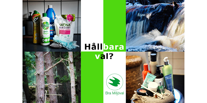 Texten "Hållbara val?" syns tillsammans med logotypen "Bra miljöval" samt bilder på rengöringsprodukter, skog, ett vattenfall och hudvårdsprodukter