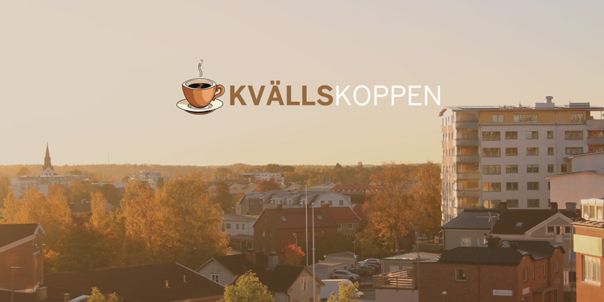 Text "kvällskoppen" och bakgrunden är ett flygfoto över Värnamo stad.