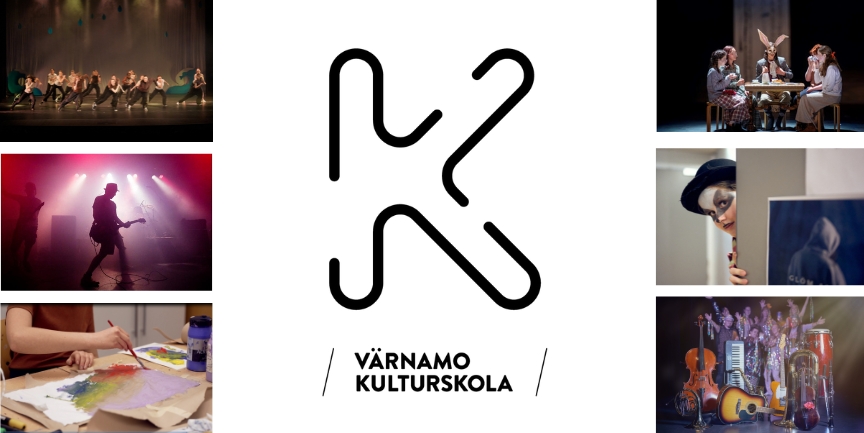 Kulturskolans logotype i mitten och på vardera sida är det tre bilder som visar delar av Kulturskolans verksamhet inom bild, dans, teater, musik och foto.