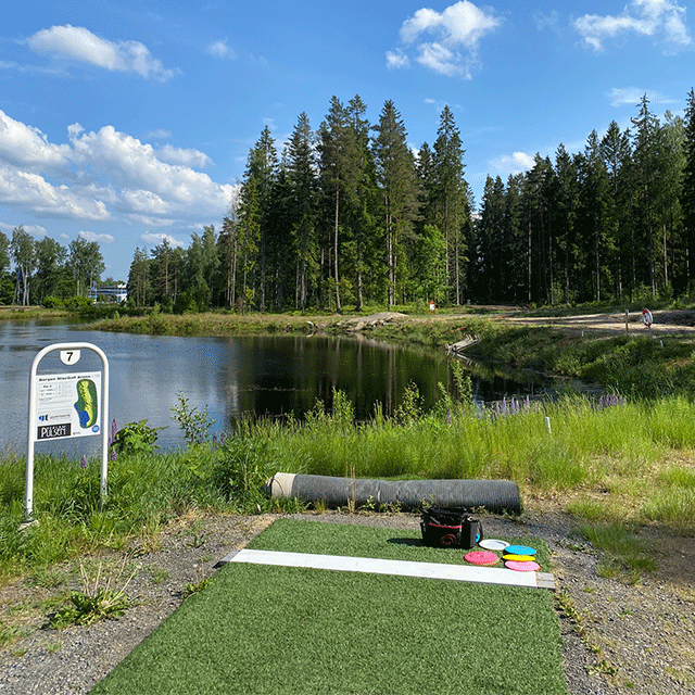 Bilden visar ett utkast i discgolfbanan på Borgen Outdoor.vid hål nummer 7.