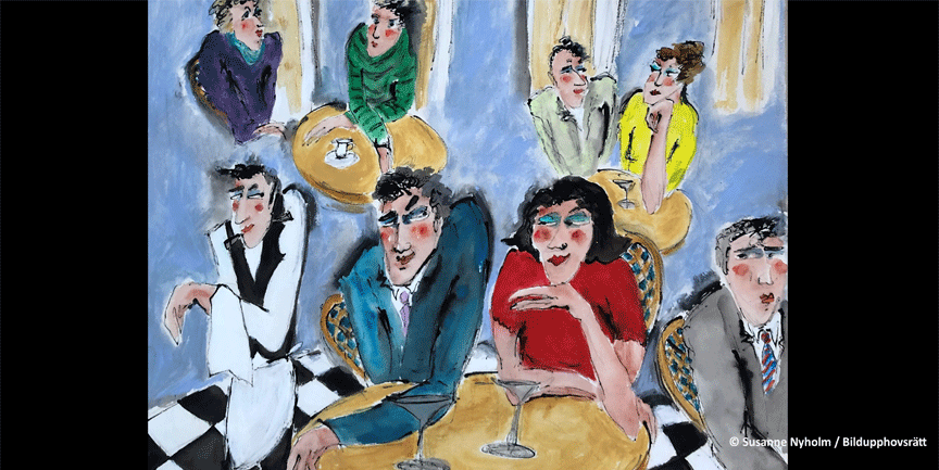 Målning av människor som sitter i en bar.