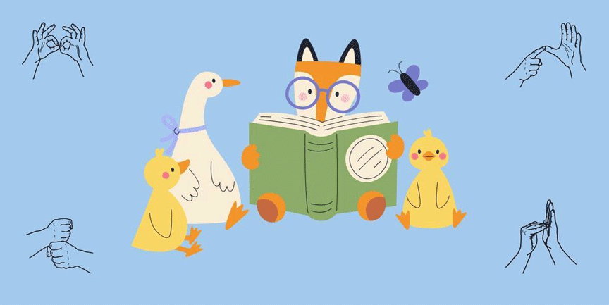 En tecknad bild på en sagostund med olika djur och händer som gör tecken.