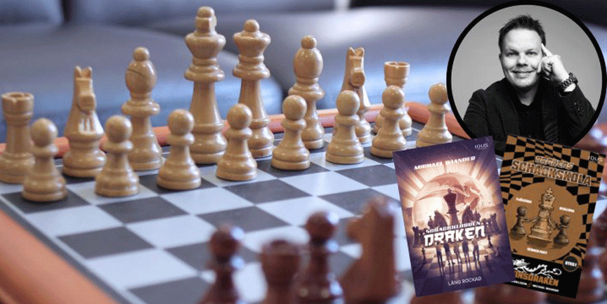 Ett schackspel med infälld bild av Michael Wiander och två böcker.