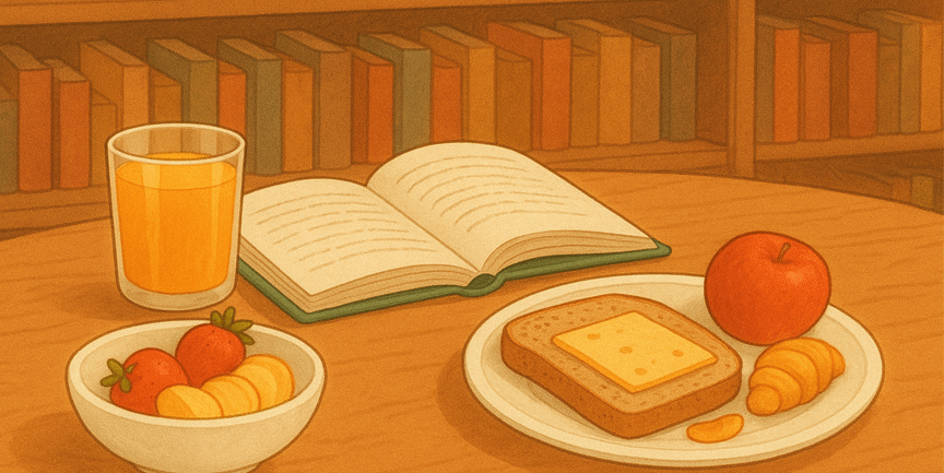 Tecknad bild av ett juiceglas, frukt, en macka och en bok.