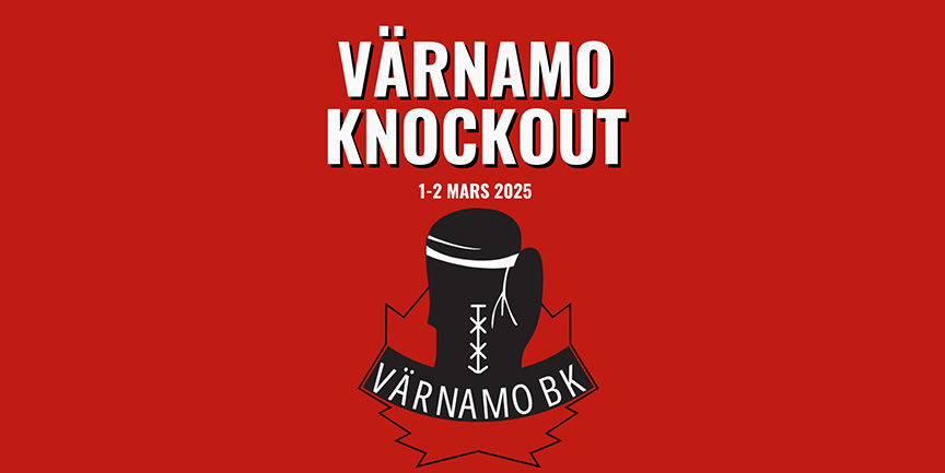 Text i bild "Värnamo Knockout 1-2 mars Värnamo BK". en illustrerad boxningshandske.