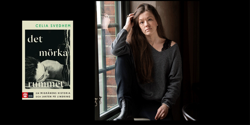 Ceila Svedhem sitter i ett fönster, samt bokomslag till hennes bok "Det mörka rummet".
