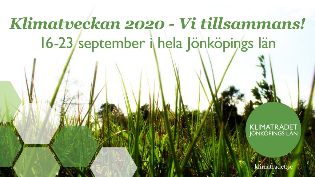 Banner för Klimatveckan i grönt och vitt där det står: Klimatveckan 2020 - vi tillsammans! 16-23 september i hela Jönköpings län