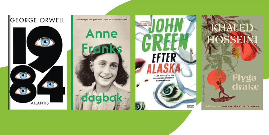 Bokomslag till alla fyra böcker, 1984, Anne Franks dagbok, Efter Alaska och Flyga drake.