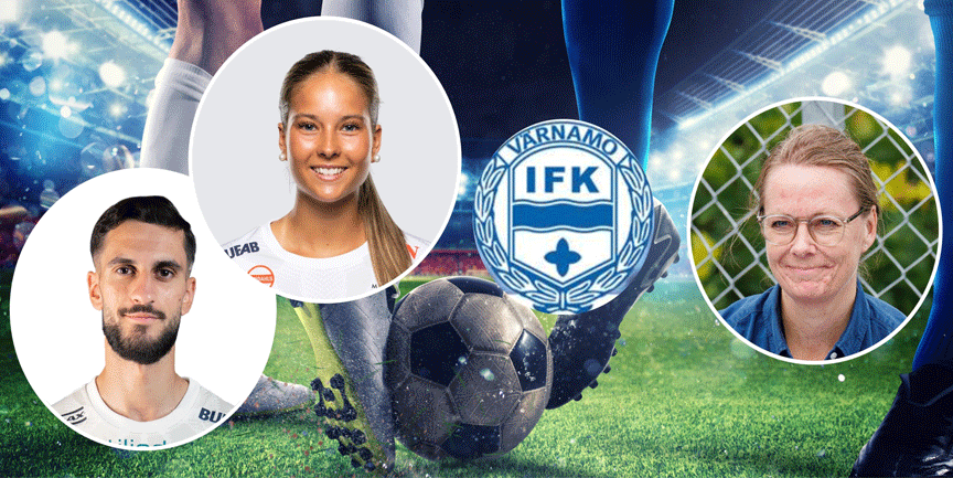 Fotbollsplan med ben och fötter i fotbollsskor och en boll, med infällda bilder på Noah Shamoun, Nathalie Lundberg och Lisa Lidén.