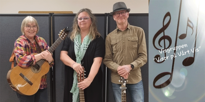 De tre medlemmarna i VVV Visgruppen med gitarrer.