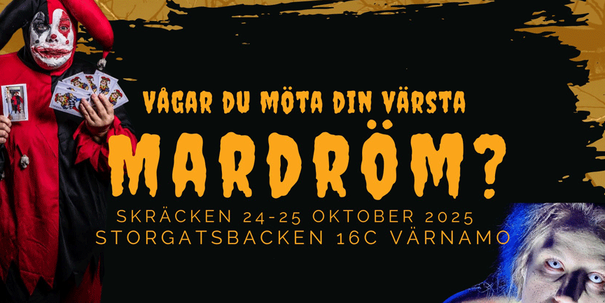 Bilden ger en läskig känsla. I ena hörnet är en clown och i det andra hörnet en zombie.
