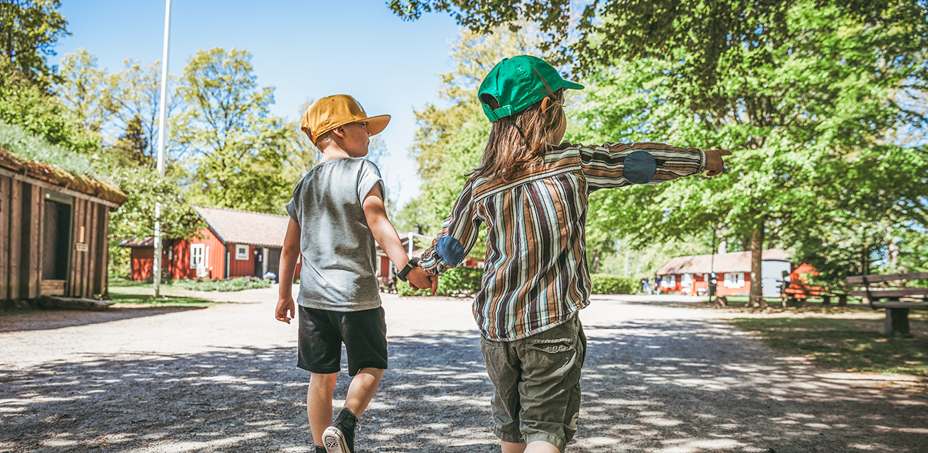 Två pojkar håller varandra i handen. De går i Apladalen en solig sommardag. Pojken till höger pekar på något utanför bild.