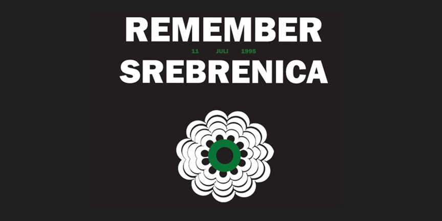 En tecknad blomma och texten "Remember Srebenica".